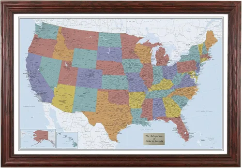 Vista 42 de Push Pin Travel Maps Lienzo personalizado Blue Oceans USA con marco gris de madera de granero