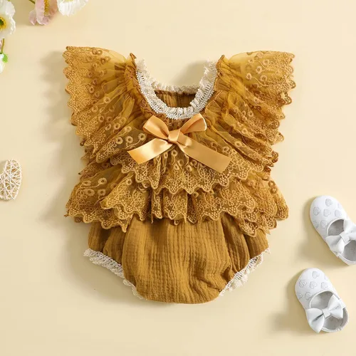 Vista 2 de Mameluco de burbujas para bebé niña con encaje y tutú con mangas con volantes, traje de verano