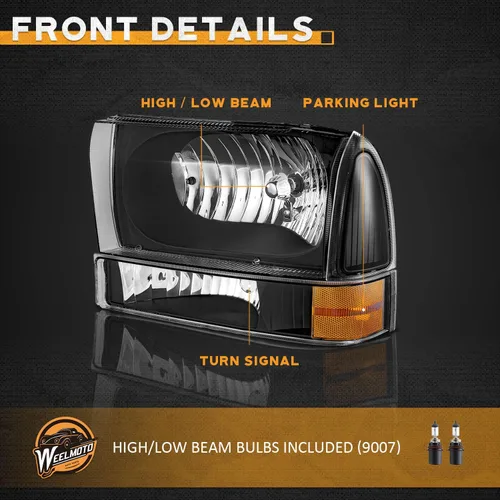 Vista 7 de WEELMOTO Conjunto de faros con bombillas para Ford Super Duty F250 F350 F450 F550 99-04, para Ford Excursion 00-04 con luz de señal de parachoques