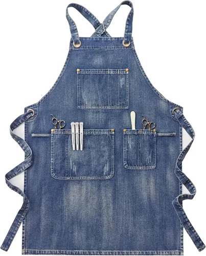 Vista 8 de Delantal de mezclilla con bolsillos para mujeres, delantal de jean para estilista, delantales de talla grande, delantales de trabajo de mezclilla