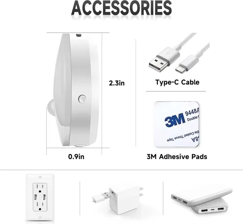 Vista 4 de Luz nocturna LED, luz de armario recargable, sensor de atardecer a amanecer, luz nocturna pequeña que se enciende y apaga automáticamente
