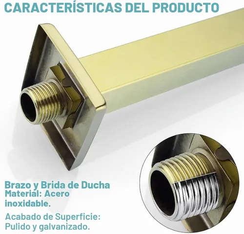 Vista 4 de BESTILL Brazo y brida de ducha de montaje en techo de oro cepillado de 8 pulgadas, brazo cuadrado de cabezal de ducha de lluvia