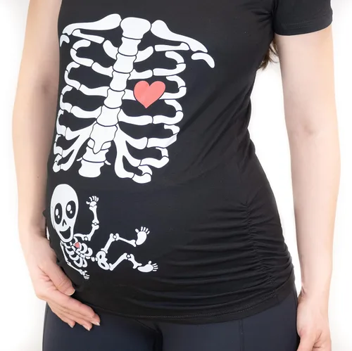 Vista 3 de Camisetas de maternidad de Halloween con diseño de esqueleto para pareja, con rayos X, para bebé, para embarazo, hamburguesa, comida diverti Versión