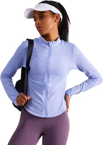 Vista 4 de Chaqueta deportiva de manga larga para mujer, con cremallera completa, para correr, entrenamiento, yoga, ropa deportiva con agujeros para el pulgar