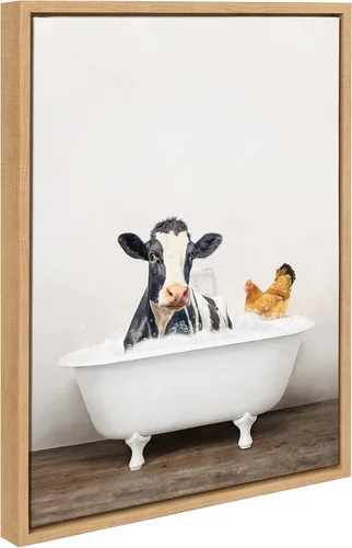 Vista 9 de Kate and Laurel Sylvie - Lienzo enmarcado con diseño de vaca y pollo en baño rústico por Amy Peterson Art Studio, dorado de 18 x 24 pulgadas, arte