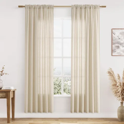 Vista 41 de Cortinas de lino verde aguamarina de 84 pulgadas de largo, juego de 2 paneles semitransparentes con bolsillo para barra para comedor, decoración