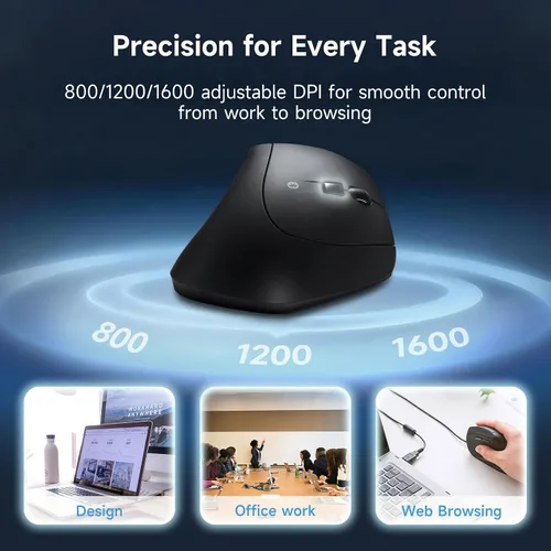 Vista 5 de SANWA - Ratón ergonómico inalámbrico 2.4G, mouse vertical de clic silencioso, 3 botones programables, 800-1600 DPI, mouse Ergo inalámbrico para Negro