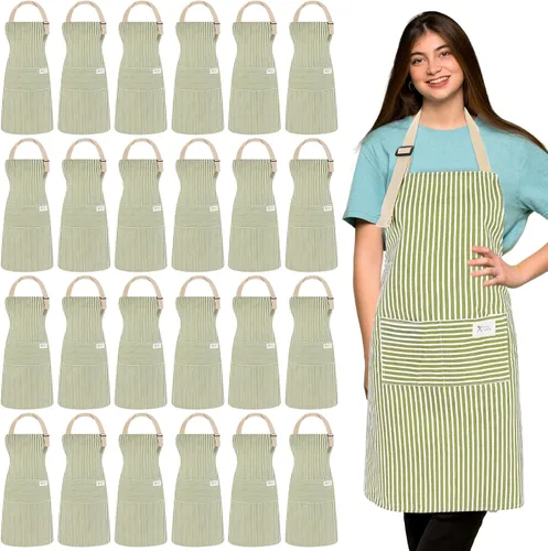 Vista 14 de Janmercy 24 delantales para mujeres y hombres con 2 bolsillos, delantal de cocina de lino, delantal ajustable para chef, delantales a granel unisex