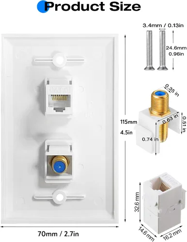 Vista 3 de Placa de pared coaxial Ethernet - Placa de pared tipo F Cat6, 1 puerto Keystone Cat6 y 1 puerto tipo F conector coaxial Keystone - Blanco