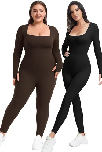 Vista 5 de Vigorics Overol de yoga de manga larga para mujer, con control de abdomen, acanalado, cuello cuadrado, bodycon