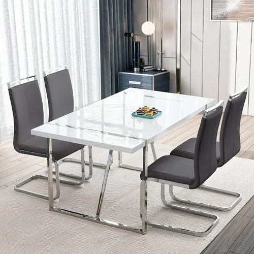 Vista 12 de Juego de sillas de mesa de comedor para 4, mesa de cocina rectangular moderna de 55 pulgadas con sillas acolchadas de cuero, juego de mesa de Negro