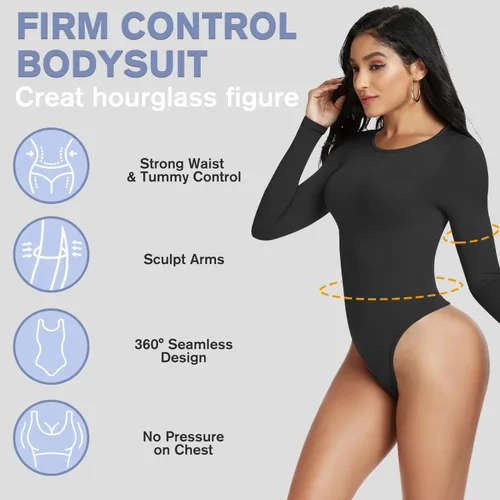 Vista 4 de Body moldeador para mujer, con control de abdomen, manga larga, tanga, bodycon, cuello redondo, moldeador de cuerpo, sin costuras, trajes corporales