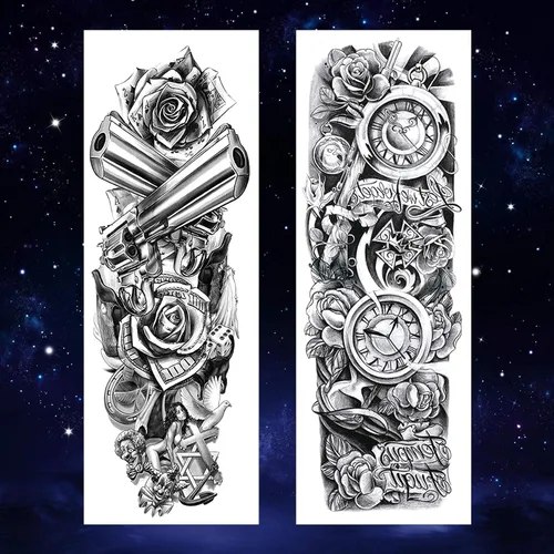 Vista 3 de 4 hojas de tatuajes temporales de brazo completo para adultos, color rosa pistola de tatuajes, impermeables, arte corporal de larga duración