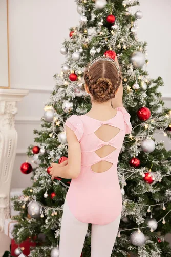 Vista 8 de Zaclotre Leotardo de ballet brillante con mangas con volantes para niñas, mallas de gimnasia con lazo hueco en la espalda para niños