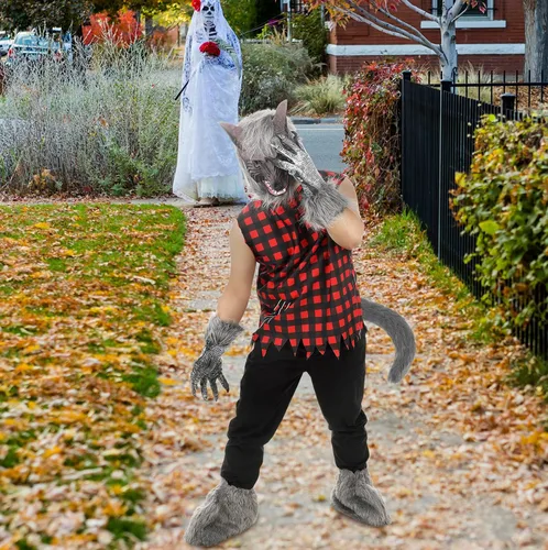 Vista 6 de Paquete de 6 disfraces de hombre lobo de Halloween para adultos, sin mangas, capucha de hombre lobo, guantes de lobo, cola y pierna, colmillos