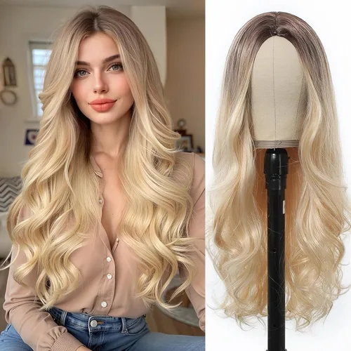 Vista 9 de Esmee Pelucas largas de color castaño rojizo ombré para mujer, peluca de cabello sintético ondulado y rizado natural para uso diario, fiestas