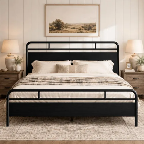 Vista 12 de Allewie Base de cama de plataforma de tamaño completo con cabecera y pie de cama de madera, soporte de 13 listones de metal resistente