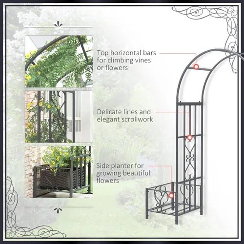 Vista 5 de Outsunny Cenador de arco de jardín de acero de 6.7 pies con corazones enrollados, jardineras para enredaderas, ceremonias, bodas, fiestas, patio