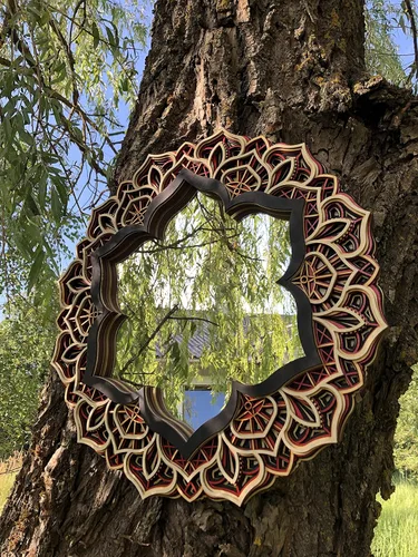 Vista 7 de BHDecor Espejo para decoración de pared para el hogar, marco tallado con láser de varias capas, elegante mandala de madera para colgar, paneles