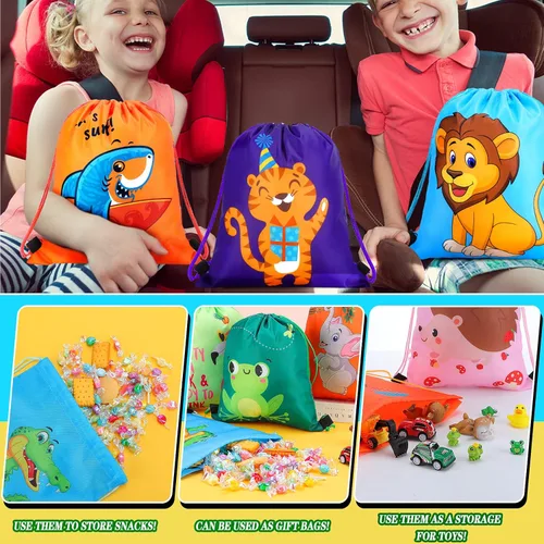 Vista 6 de Shappy Paquete de 24 bolsas con cordón para recuerdos de fiesta, diseño de animales de dibujos animados, golosinas para niños, regalo de cumpleaños