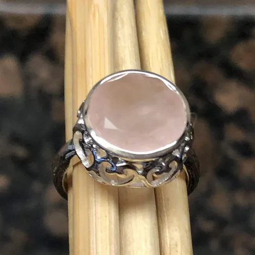 Vista 3 de Anillo de plata de ley 925 de cuarzo rosa rosa natural de 4 quilates, tamaño 6, 8, 9