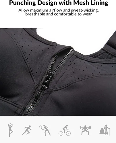 Vista 5 de Yvette Sujetadores deportivos ajustables para mujer, de alto impacto, con cremallera frontal, brasier deportivo sin varillas, talla grande