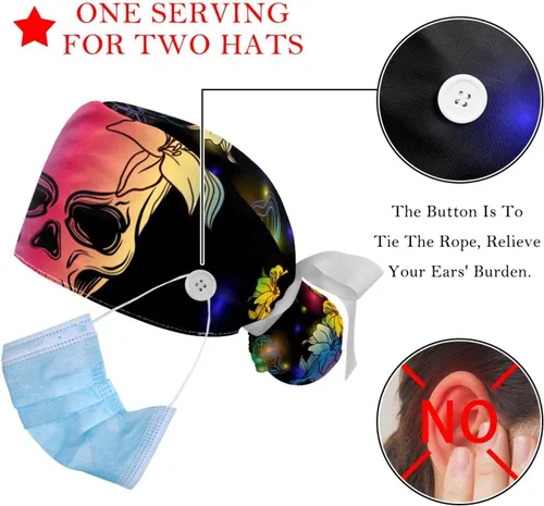 Vista 3 de 2 gorras Bouffant con botón bolsa de cola de caballo de algodón, banda para el sudor, gorra quirúrgica ajustable, diseño retro, calaveras florales