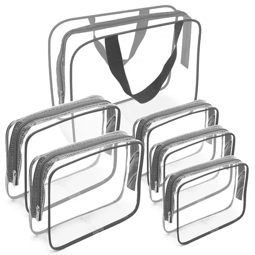 Vista 13 de APREUTY Bolsas de maquillaje transparentes, aprobadas por la TSA, juego de 3 bolsas de maquillaje grandes de PVC transparente con asa de cremallera
