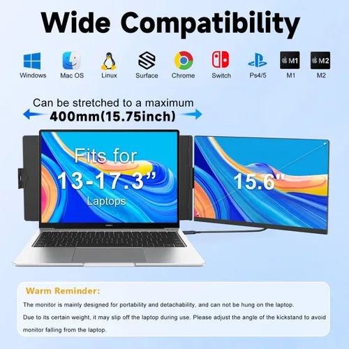 Vista 6 de KEFEYA Extensor de pantalla para laptop, monitor portátil IPS FHD 1080P de 15.6" desmontable, monitor portátil para laptops de 13-17.3" con luz
