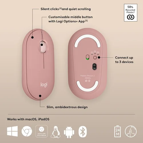 Vista 6 de Logitech Pebble Mouse 2 M350s Ratón Inalámbrico Bluetooth Delgado, Portátil, Ligero, Botón Personalizable, Clics Silenciosos, Easy-Switch para Rosa