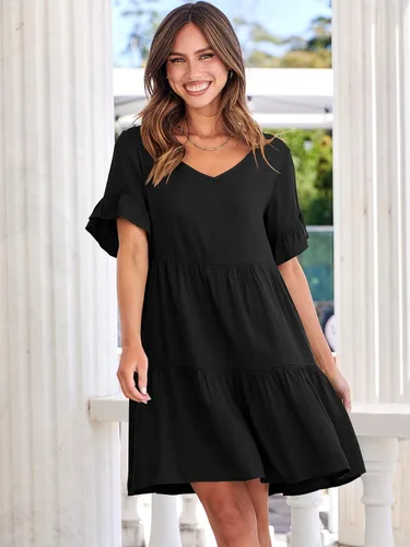 Vista 3 de ANRABESS Vestido de verano casual con cuello en V para mujer, vestido babydoll de manga corta con volantes y escalonado, mini vestido de playa