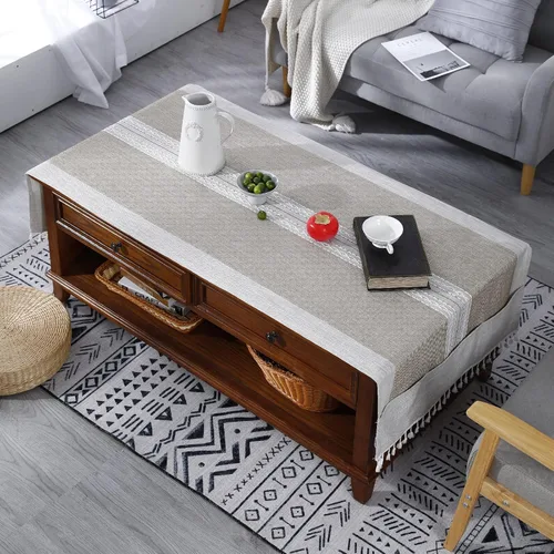 Vista 6 de Mantel rectangular de lino con borlas para mesa de café con bolsillos