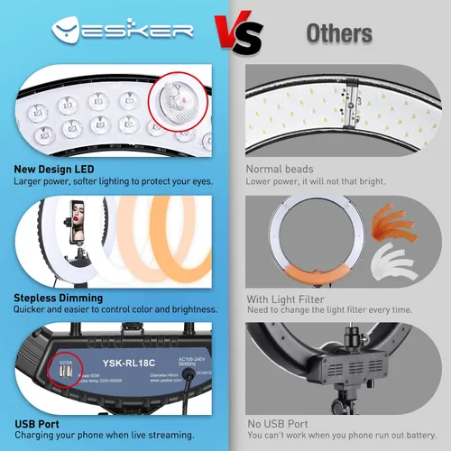Vista 6 de Yesker Anillo de luz de 18 pulgadas con trípode grande para selfie, luz de anillo ajustable de 6000 K regulable, LED, portátil, profesional, kit