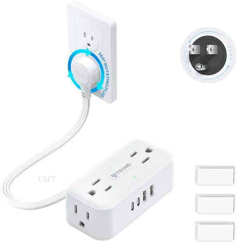 Vista 10 de TROND 360° Rotating Flat Plug Power Strip, 1.5FT Extension Cord with 4 USB Ports, 4 Wide Spaced AC Outlets, Wall Mount, 900J Surge Protector for