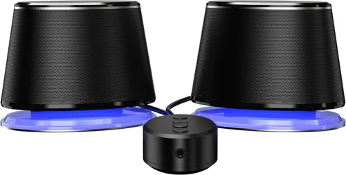 Vista 3 de Amazon Basics Altavoces Bluetooth para computadora con USB 3.0, iluminación LED azul, control de volumen, alimentación por USB, juego de 2