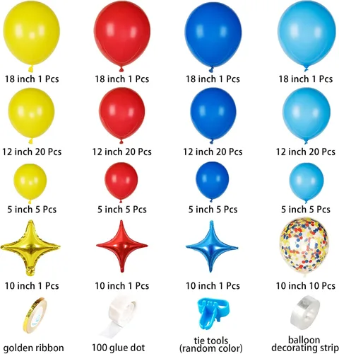 Vista 5 de JOYYPOP Kit de arco de globos de carnaval con 123 globos de confeti de látex de arcoíris rojo, azul, amarillo, para decoraciones de fiesta