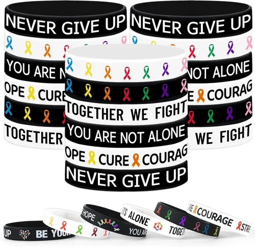 Vista 24 de JUNEBRUSHS 42 piezas de accesorios de concientización sobre el cáncer de mama, pulseras de silicona Esperanza Fe Fuerza Coraje, pulseras accesorios