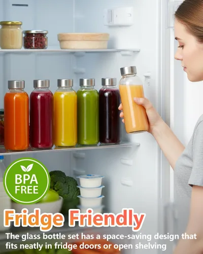 Vista 7 de Zukro Botellas de jugo de vidrio de 16 onzas, tapa de acero inoxidable a