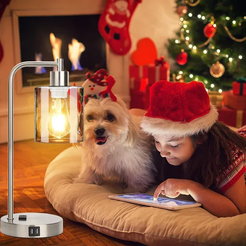 Vista 7 de Juego de 2 lámparas de mesa con control táctil industrial - Lámparas de mesita de noche en níquel cepillado con 2 puertos USB y enchufe de CA