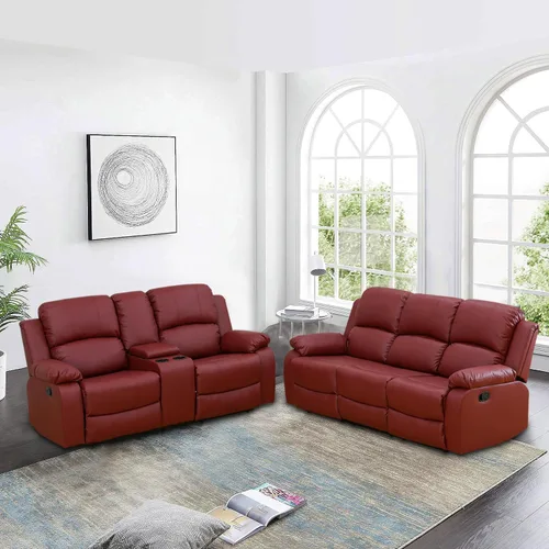 Vista 10 de Juego de sofá reclinable manual, muebles de cuero regenerado para sala de estar, sofás reclinables de cuero con portavasos, consola