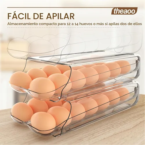 Vista 5 de theaoo Soporte para huevos para refrigerador, contenedor de huevos enrollable automático para refrigerador, dispensador de huevos de plástico