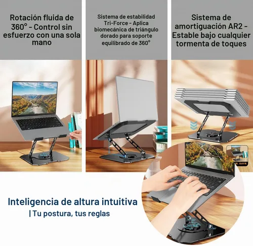 Vista 5 de Soporte giratorio de 360° para computadora portátil, elevador ergonómico de acero sólido resistente, soporte plegable para computadora portátil
