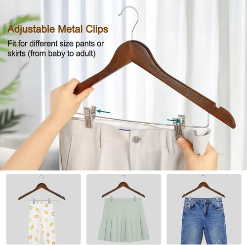 Vista 4 de TOPIA HANGER Perchas de madera para trajes con clips de metal ajustables (paquete de 10), perchas de ropa de madera maciza, gancho giratorio