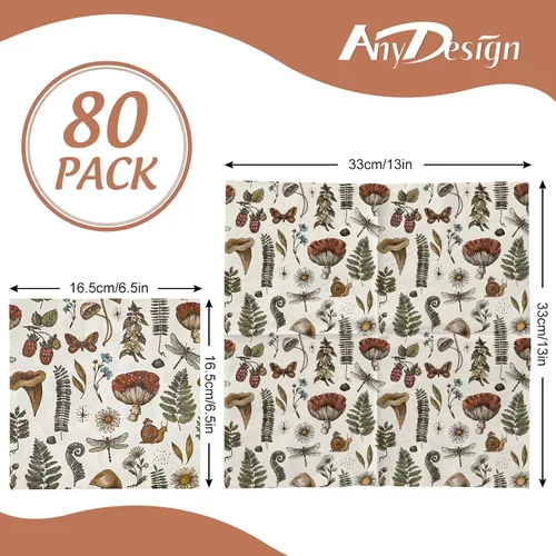 Vista 2 de AnyDesign 80 servilletas de papel de hongos vintage desechables con plantas de hongos, servilletas de almuerzo, estilo retro, postre, cena
