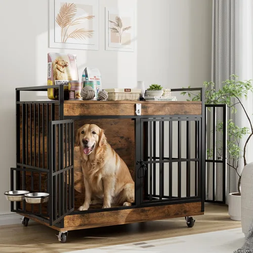 Vista 10 de Muebles de jaula para perros grandes y resistentes con cuencos y ruedas giratorios de 360°