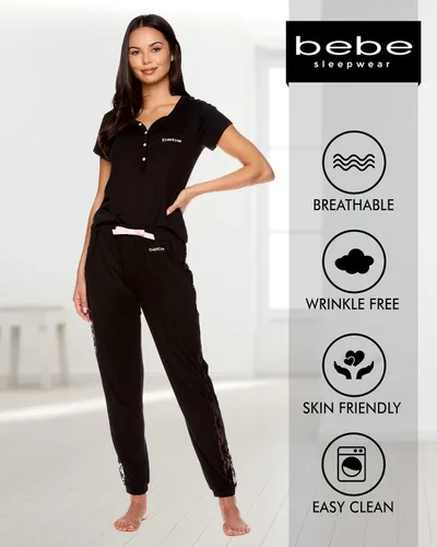 Vista 4 de bebe Conjunto de pijama para mujer, camisa de manga corta con pantalones de encaje para mujer
