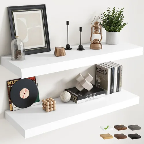 Vista 20 de Juego de 2 estantes flotantes de 16 pulgadas para pared, estantes de baño de grano de madera de 12 pulgadas de profundidad con soportes invisibles