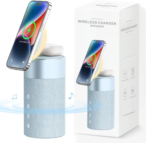 Vista 10 de COLSUR Altavoz Bluetooth, cargador inalámbrico magnético, altavoces Bluetooth con luz nocturna, estación de carga inalámbrica 2 en 1 para iPhone