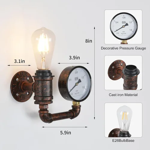 Vista 2 de XEYOU Aplique de pared Steampunk de hierro fundido vintage industrial E26 Edison bombilla lámpara de pared de tubo retro para cafetería, bar