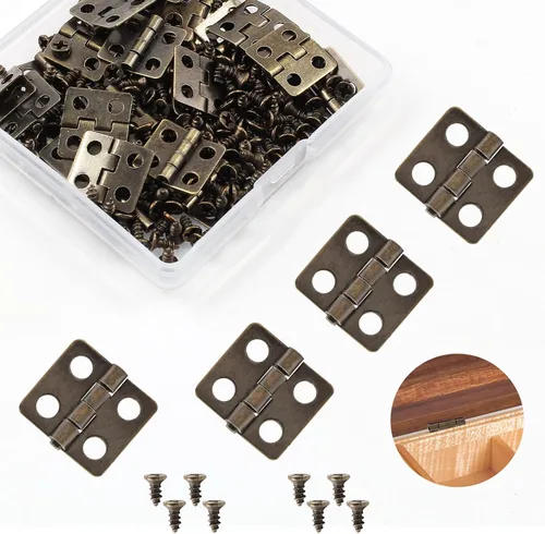 Vista 8 de 100 piezas de mini bisagras, bisagras de latón retro a tope de 10 x 8 mm, mini hardware con rotación de 180 grados con tornillos para manualidades